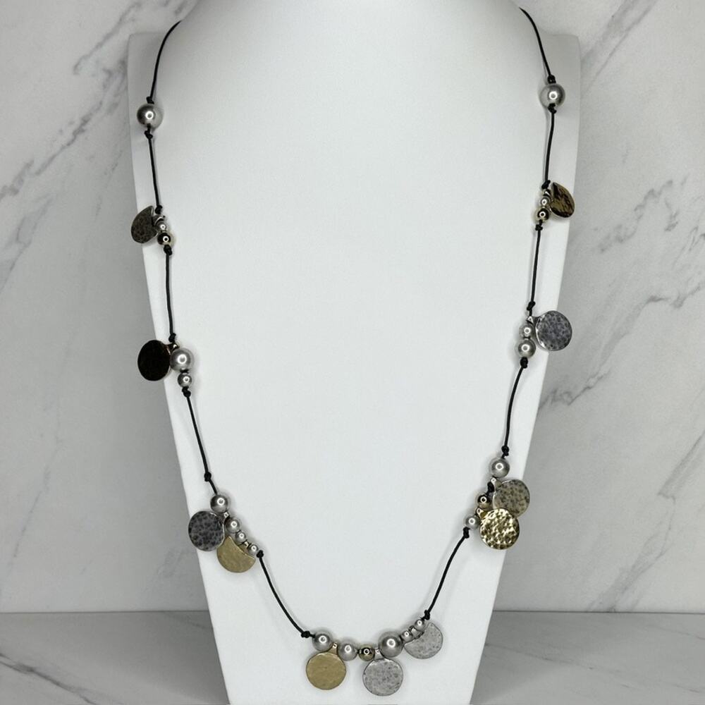 Chico's Mixed Metal Hammered Disc Black Cord Necklace ✨